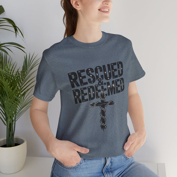 Faith-Inspired Unisex Jersey Tee - Rescued & Redeemed, Christian T-Shirt, Inspirational Apparel, Gift for Believers, Casual Wear
