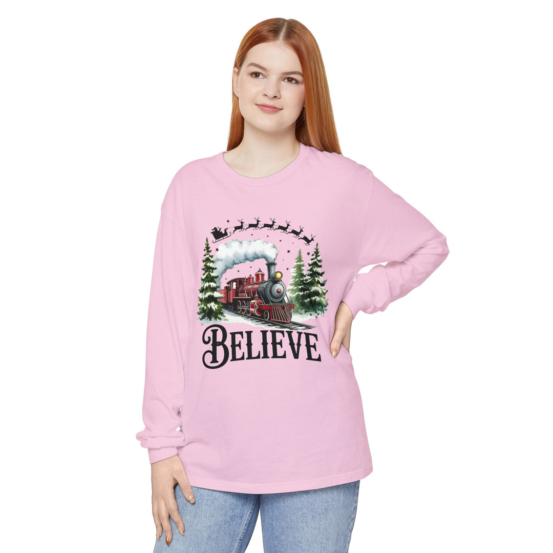 Believe Santa Train Long Sleeve Tee, Cozy Gift for Christmas, Unisex Shirt, Holiday Apparel, Festive Outfit, Winter Wear, Seasonal T-Shirt