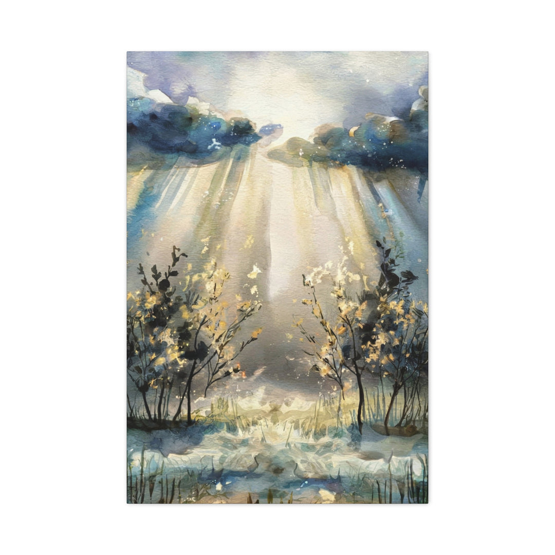 Faithful Through the Storm – Christian Canvas Wall Art | Light Breaking Through Clouds