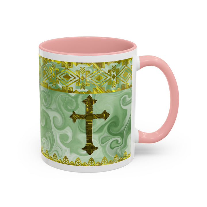 Gold Cross on Mint Marble – Elegant Christian Mug