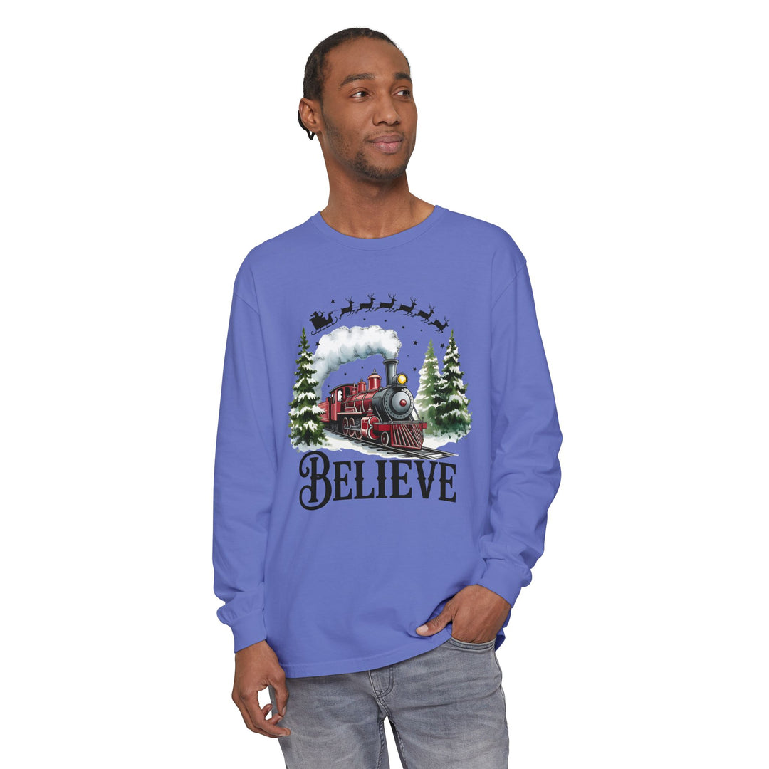 Believe Santa Train Long Sleeve Tee, Cozy Gift for Christmas, Unisex Shirt, Holiday Apparel, Festive Outfit, Winter Wear, Seasonal T-Shirt