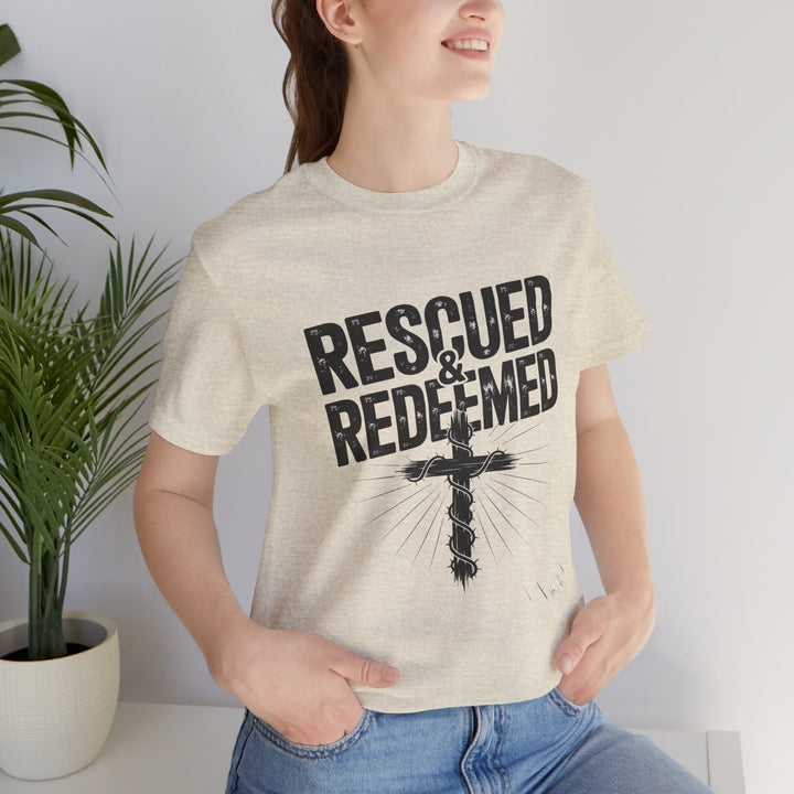 Faith-Inspired Unisex Jersey Tee - Rescued & Redeemed, Christian T-Shirt, Inspirational Apparel, Gift for Believers, Casual Wear