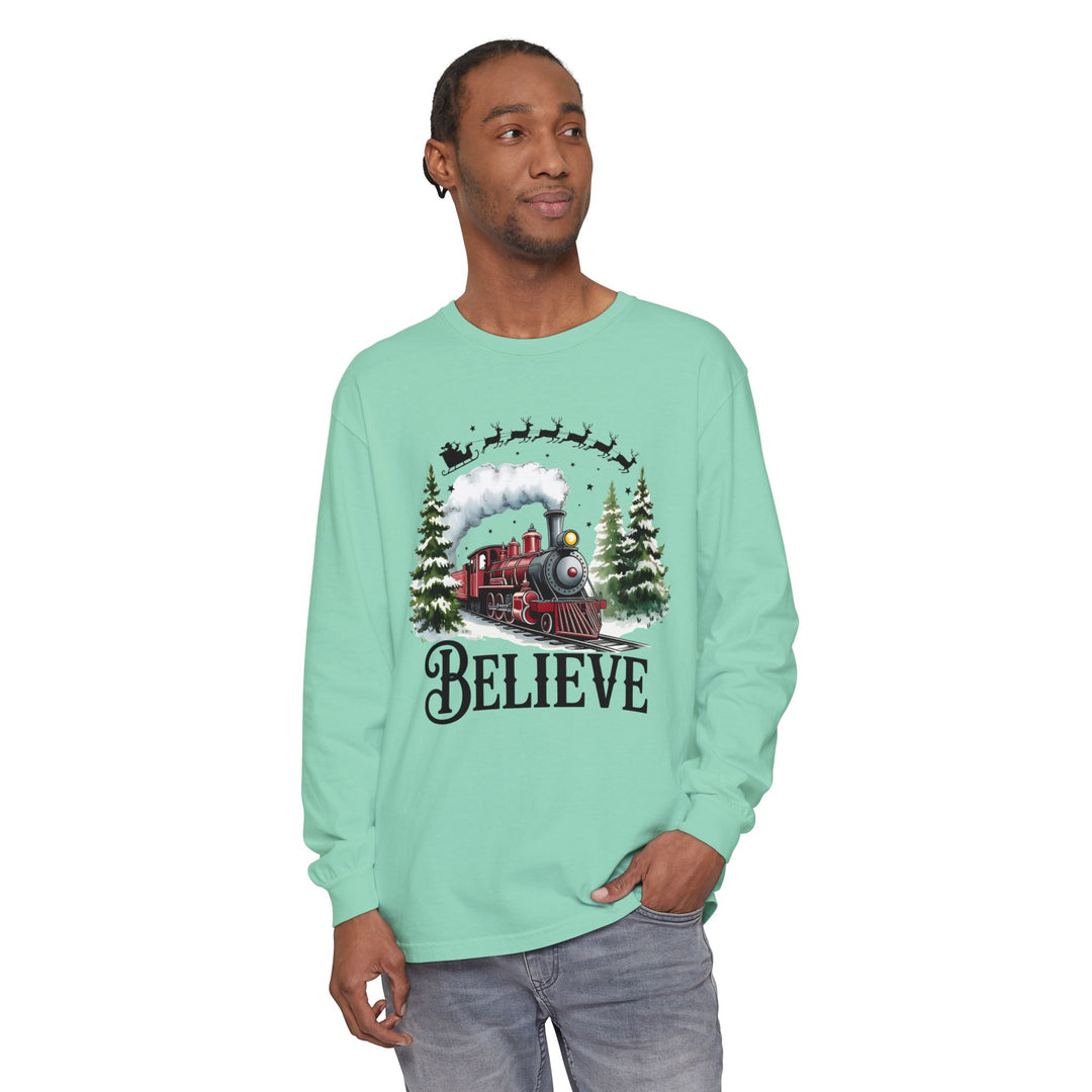 Believe Santa Train Long Sleeve Tee, Cozy Gift for Christmas, Unisex Shirt, Holiday Apparel, Festive Outfit, Winter Wear, Seasonal T-Shirt