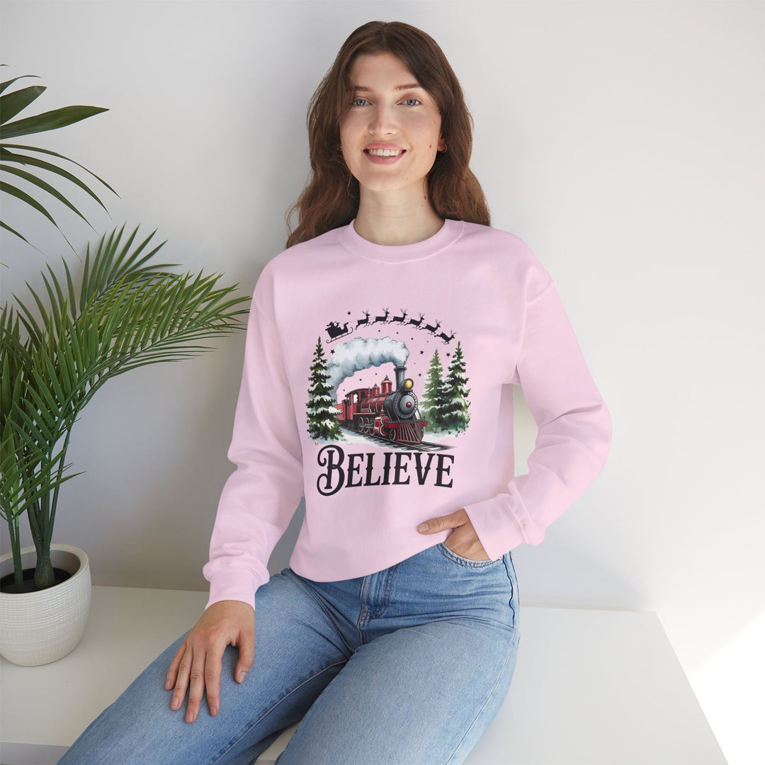 Believe Train Sweatshirt, Cozy Winter Crewneck, Christmas Gift, Holiday Apparel, Unisex Fleece