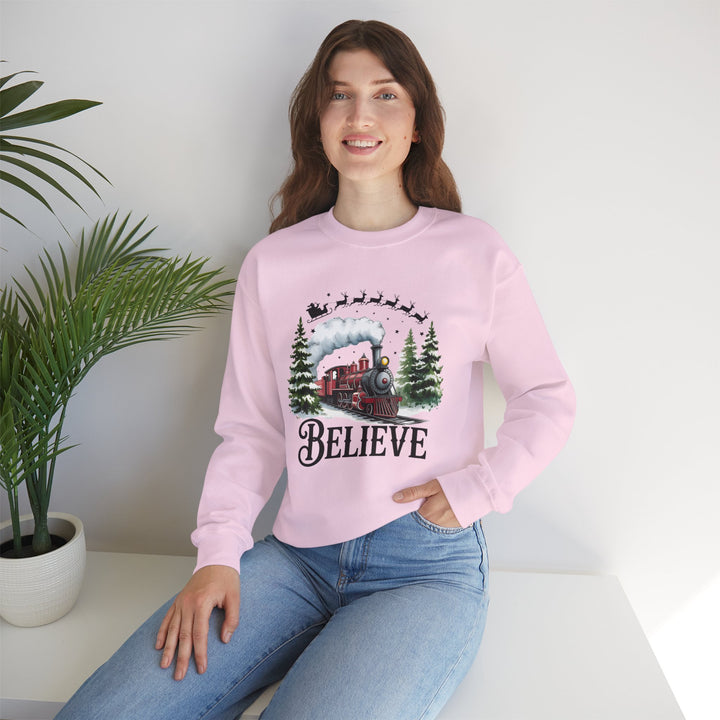 Believe Train Sweatshirt, Cozy Winter Crewneck, Christmas Gift, Holiday Apparel, Unisex Fleece