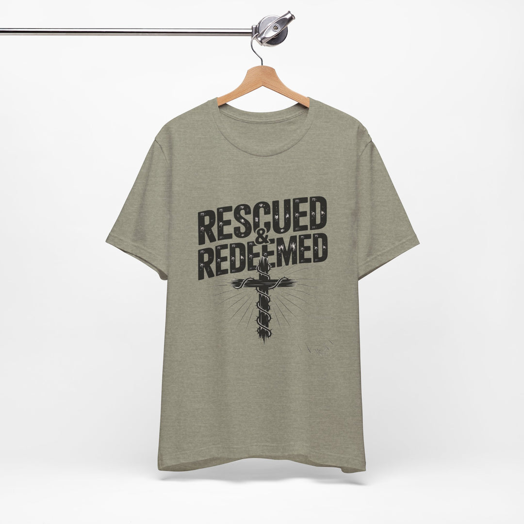 Faith-Inspired Unisex Jersey Tee - Rescued & Redeemed, Christian T-Shirt, Inspirational Apparel, Gift for Believers, Casual Wear
