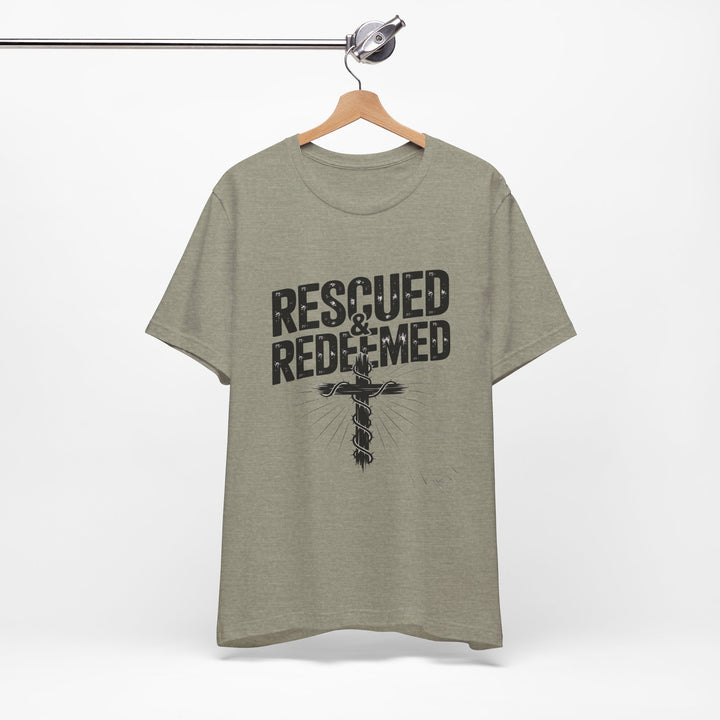 Faith-Inspired Unisex Jersey Tee - Rescued & Redeemed, Christian T-Shirt, Inspirational Apparel, Gift for Believers, Casual Wear