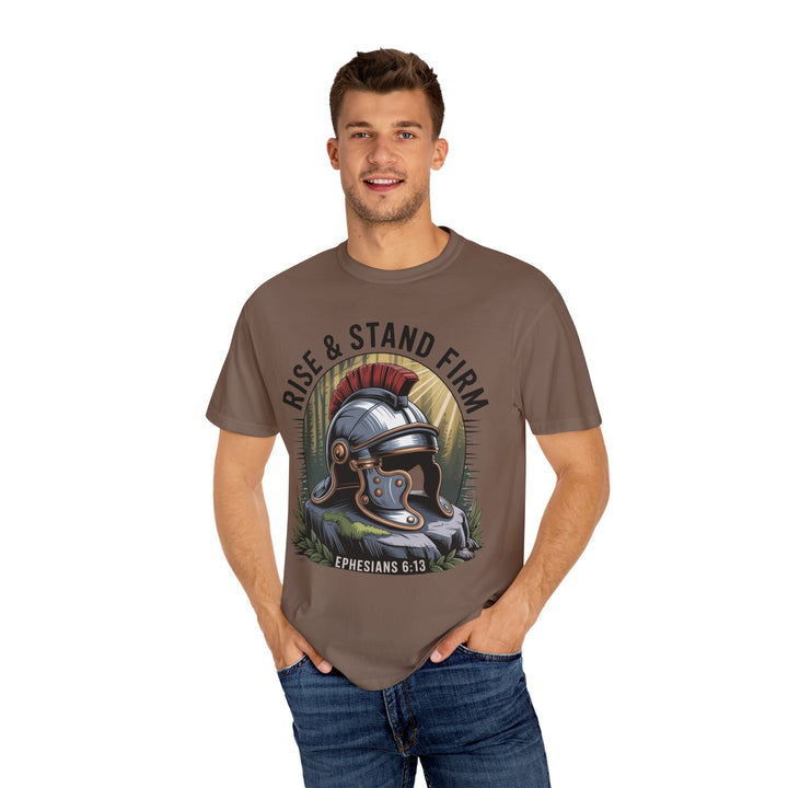Faithful Warrior Unisex T-shirt - Rise & Stand Firm with Roman Helmet Design