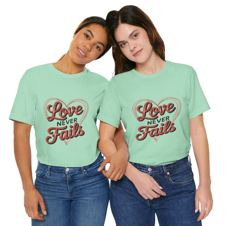 Love Never Fails – 1 Corinthians 13 Retro Heart T-Shirt