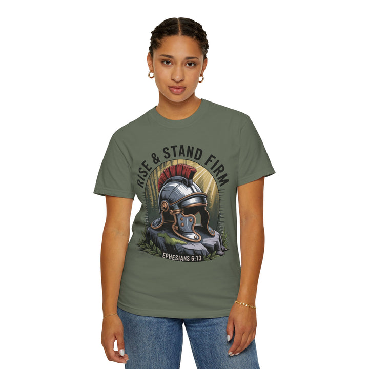 Faithful Warrior Unisex T-shirt - Rise & Stand Firm with Roman Helmet Design