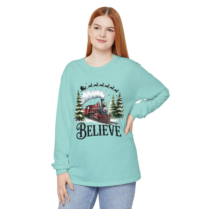 Believe Santa Train Long Sleeve Tee, Cozy Gift for Christmas, Unisex Shirt, Holiday Apparel, Festive Outfit, Winter Wear, Seasonal T-Shirt