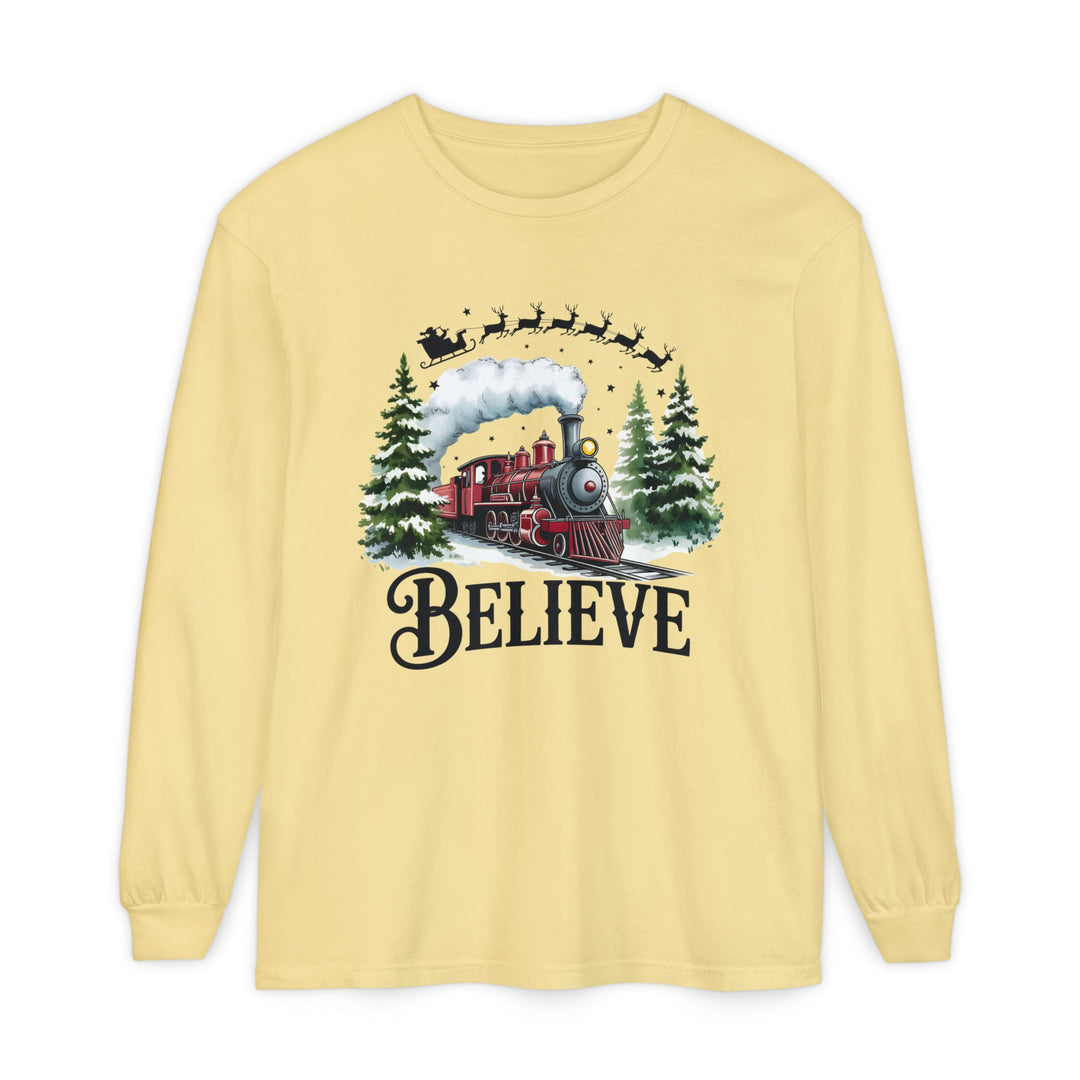 Believe Santa Train Long Sleeve Tee, Cozy Gift for Christmas, Unisex Shirt, Holiday Apparel, Festive Outfit, Winter Wear, Seasonal T-Shirt