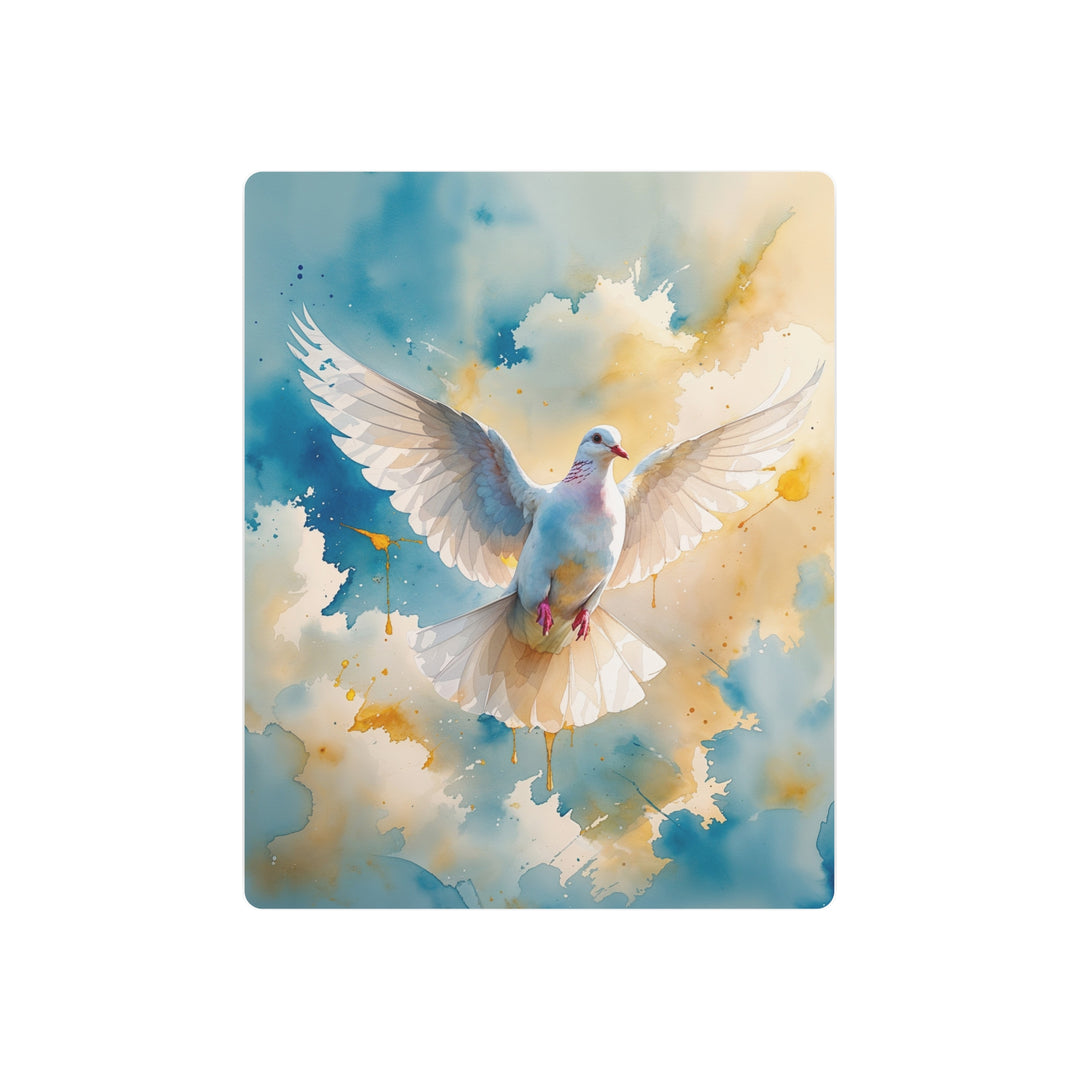 Artistic depiction of a white dove against a colorful abstract background