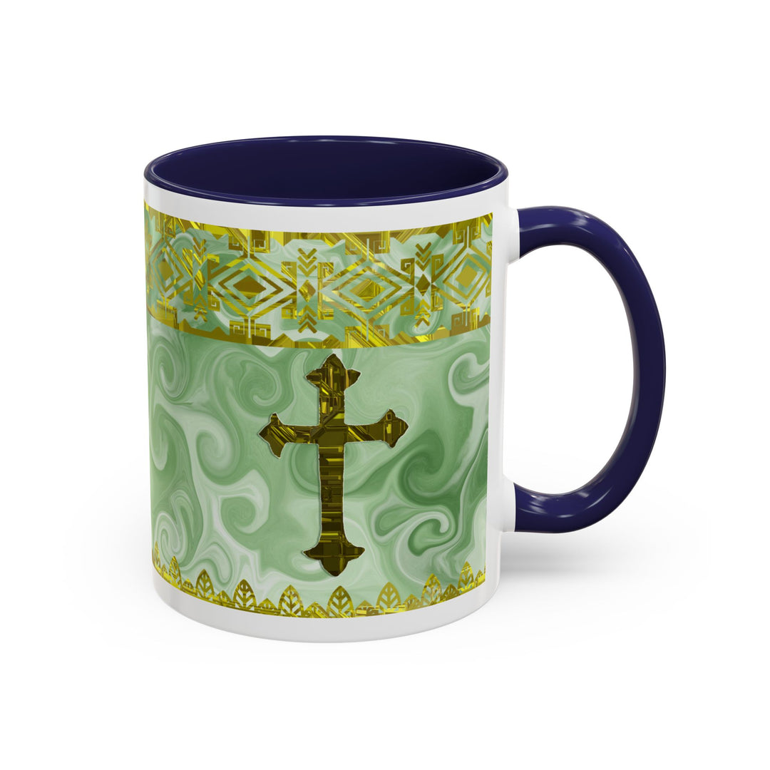 Gold Cross on Mint Marble – Elegant Christian Mug