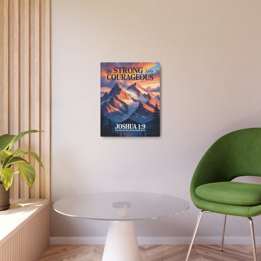 "Be Strong and Courageous - Joshua 1:9" - Mountain Sunrise Metal Wall Art
