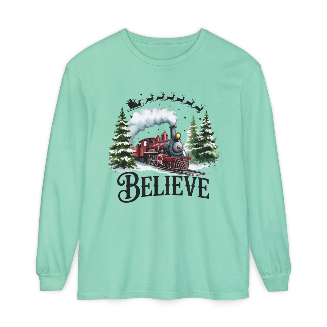 Believe Santa Train Long Sleeve Tee, Cozy Gift for Christmas, Unisex Shirt, Holiday Apparel, Festive Outfit, Winter Wear, Seasonal T-Shirt