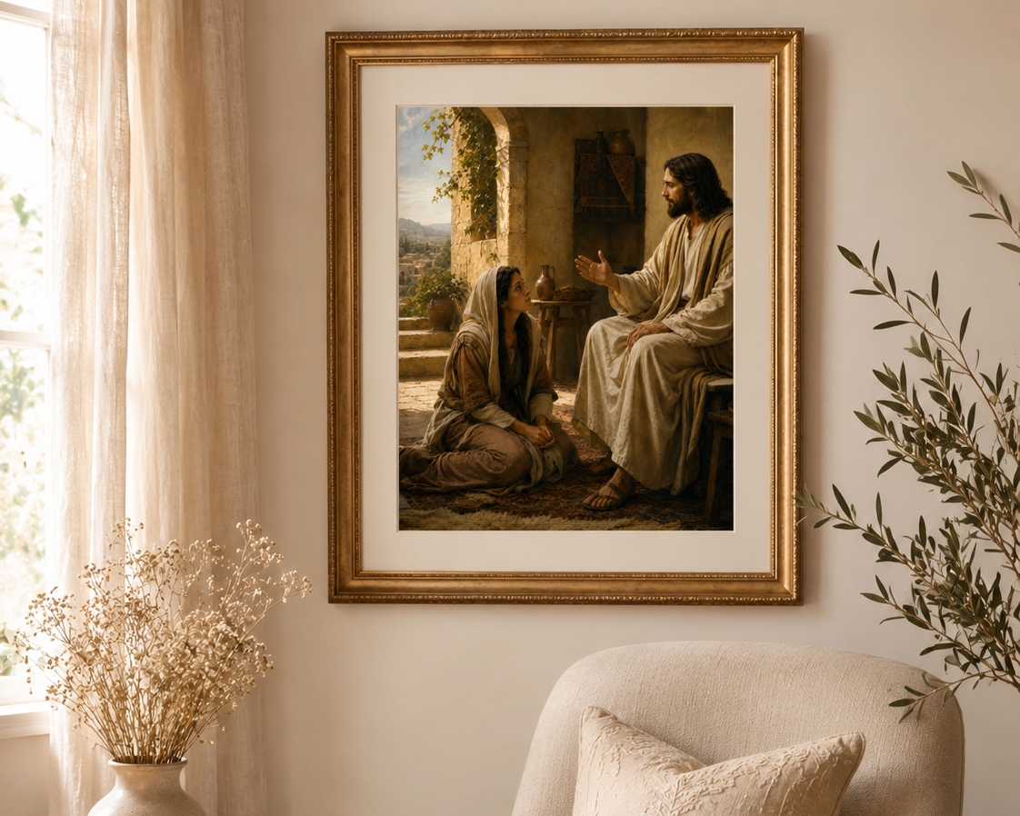 Framed artwork of a religious scene above a cozy armchair with a candle and book.