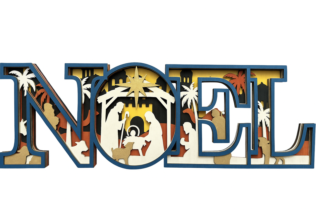 Decorative 'NOEL' text with a nativity scene design on a white background
