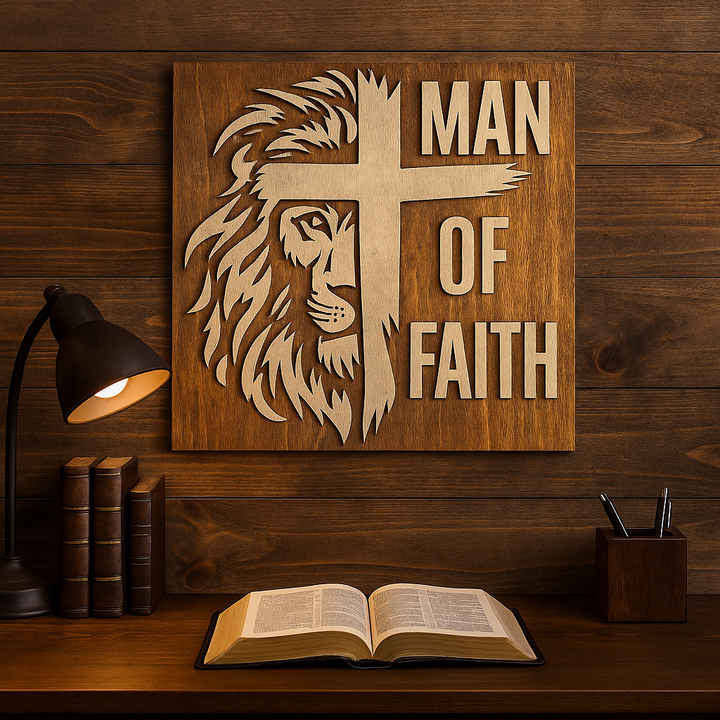 Man of Faith Lion & Cross Layered Wood Wall Art – 12x12 | Christian Home Decor for Men