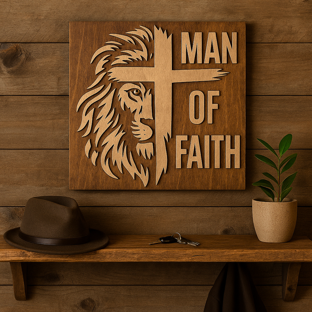 Man of Faith Lion & Cross Layered Wood Wall Art – 12x12 | Christian Home Decor for Men