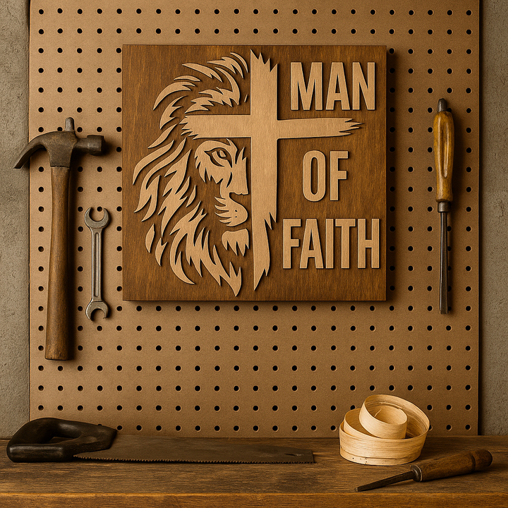 Man of Faith Lion & Cross Layered Wood Wall Art – 12x12 | Christian Home Decor for Men
