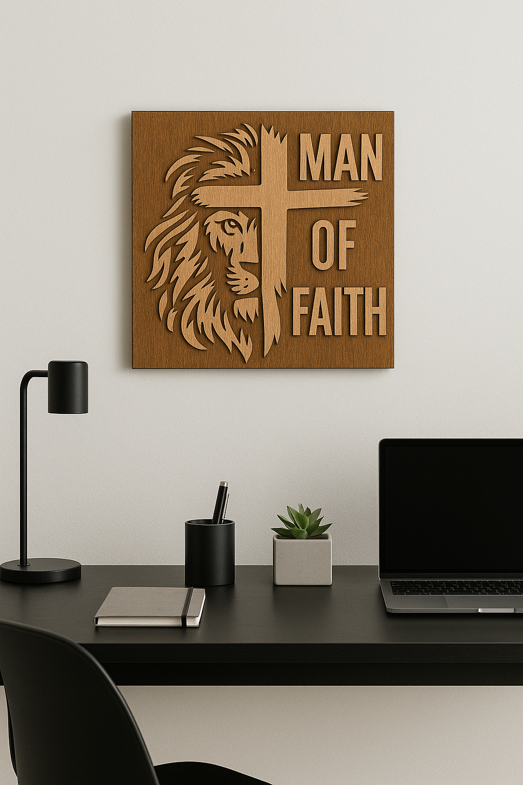 Man of Faith Lion & Cross Layered Wood Wall Art – 12x12 | Christian Home Decor for Men