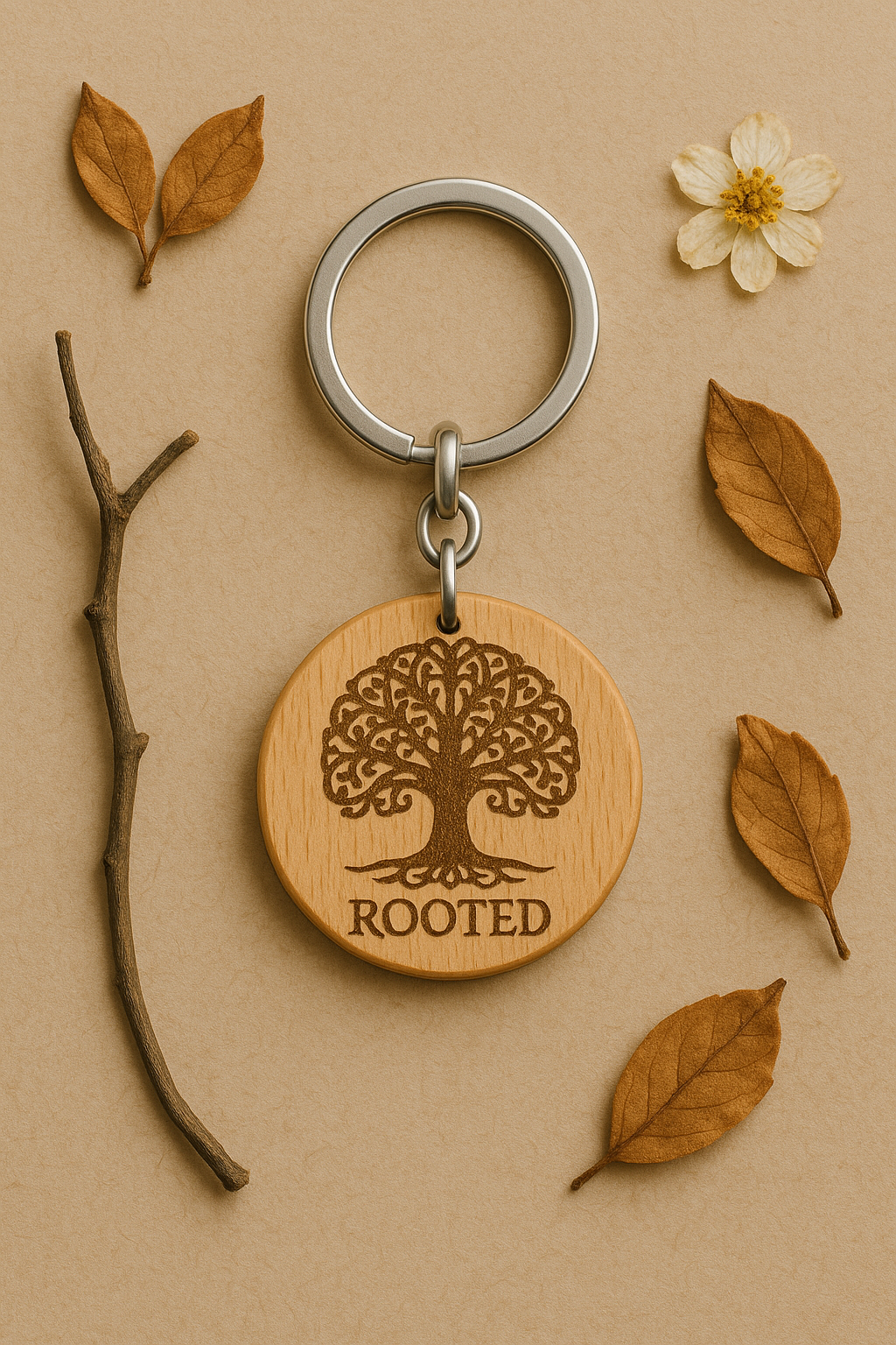 Rooted Tree of Life Engraved Wooden Keychain | Faith & Growth Gift