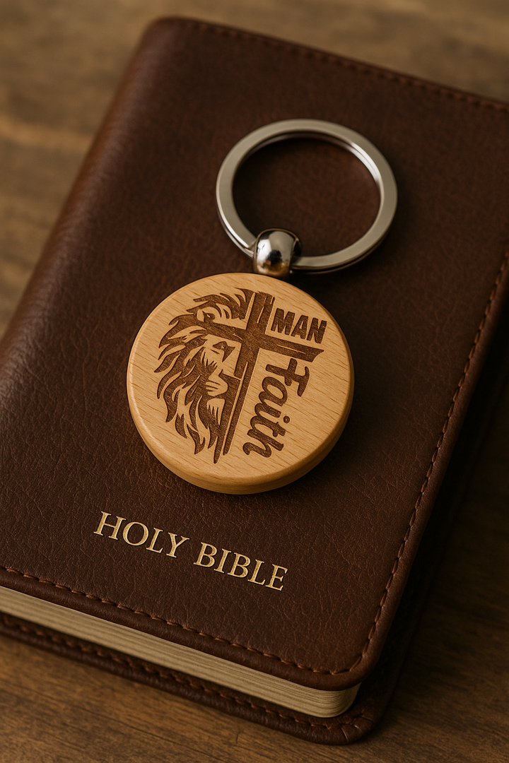 Man of Faith – Lion and Cross Engraved Wooden Keychain | Christian Gift for Men