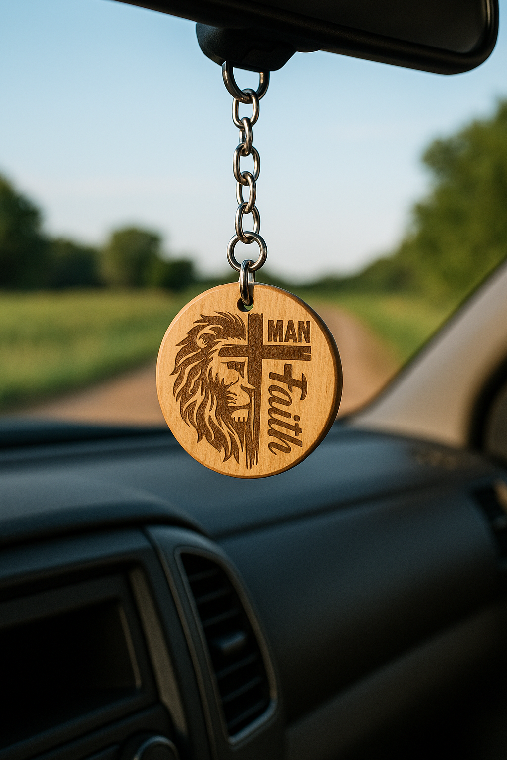 Man of Faith – Lion and Cross Engraved Wooden Keychain | Christian Gift for Men