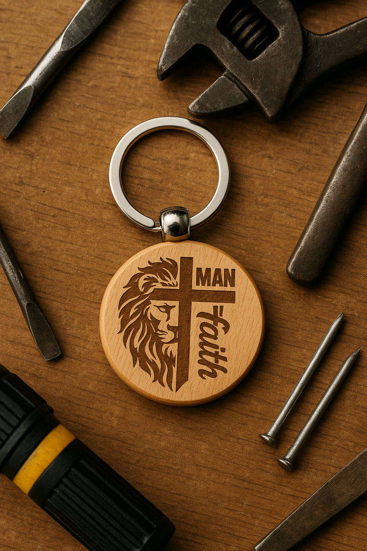 Man of Faith – Lion and Cross Engraved Wooden Keychain | Christian Gift for Men