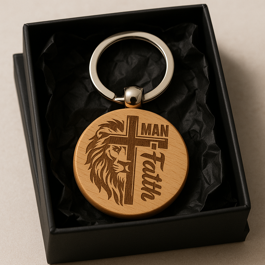 Man of Faith – Lion and Cross Engraved Wooden Keychain | Christian Gift for Men