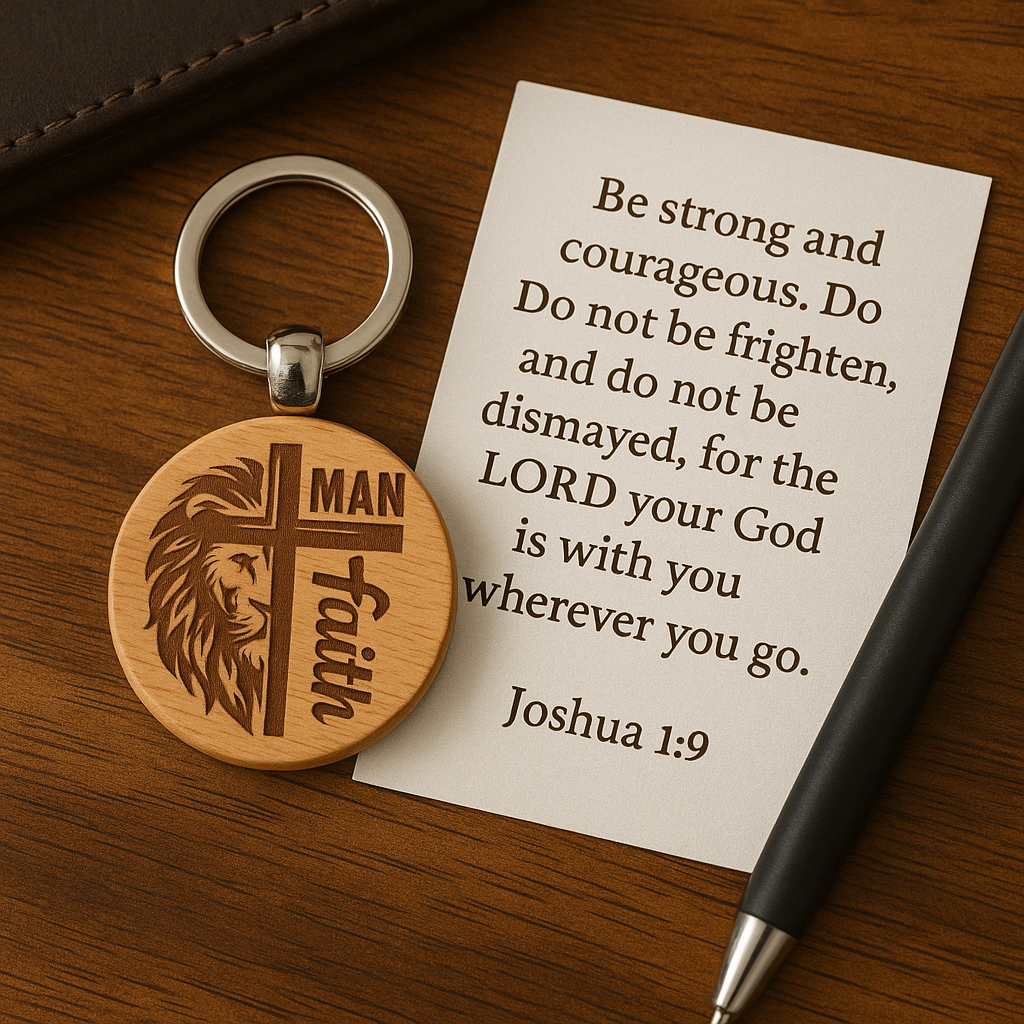 Man of Faith – Lion and Cross Engraved Wooden Keychain | Christian Gift for Men