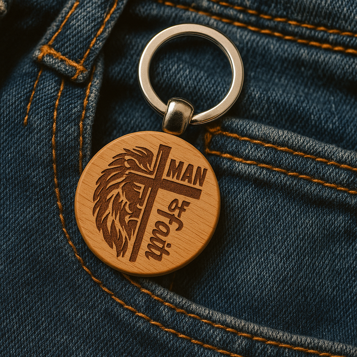 Man of Faith – Lion and Cross Engraved Wooden Keychain | Christian Gift for Men