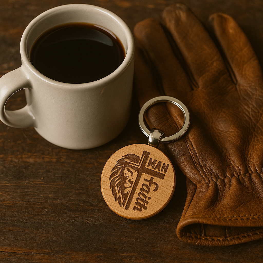Man of Faith – Lion and Cross Engraved Wooden Keychain | Christian Gift for Men
