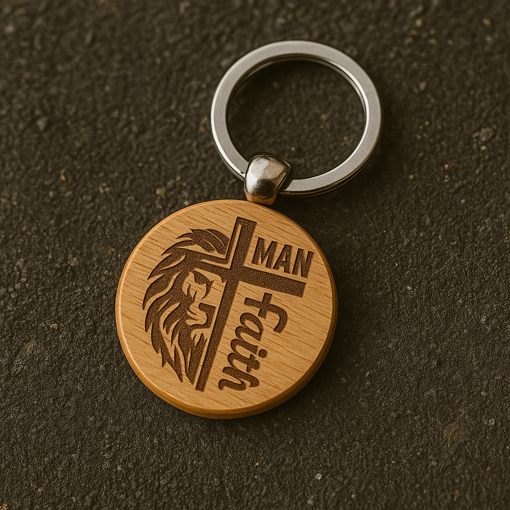 Man of Faith – Lion and Cross Engraved Wooden Keychain | Christian Gift for Men