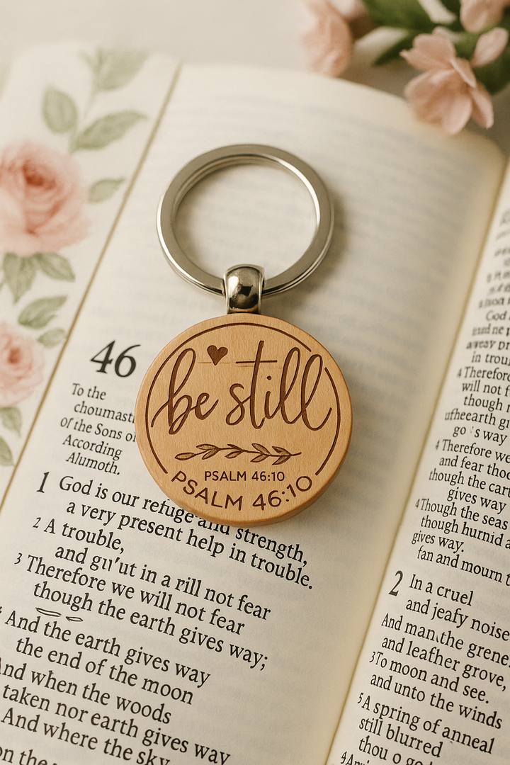 Be Still – Psalm 46:10 Engraved Wooden Keychain | Faith Reminder Gift