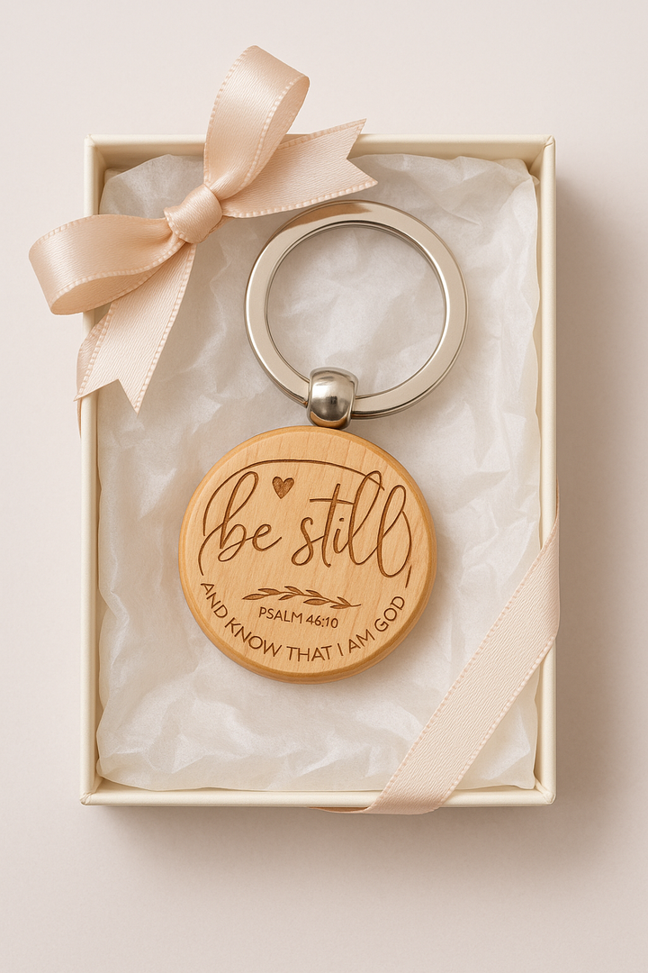 Be Still – Psalm 46:10 Engraved Wooden Keychain | Faith Reminder Gift