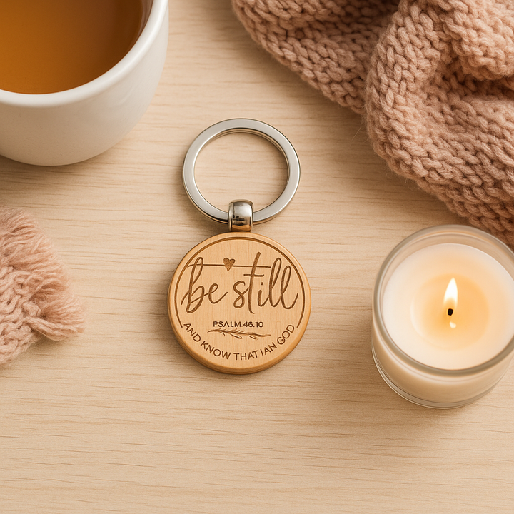 Be Still – Psalm 46:10 Engraved Wooden Keychain | Faith Reminder Gift