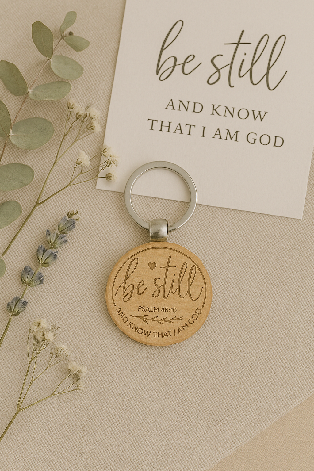 Be Still – Psalm 46:10 Engraved Wooden Keychain | Faith Reminder Gift