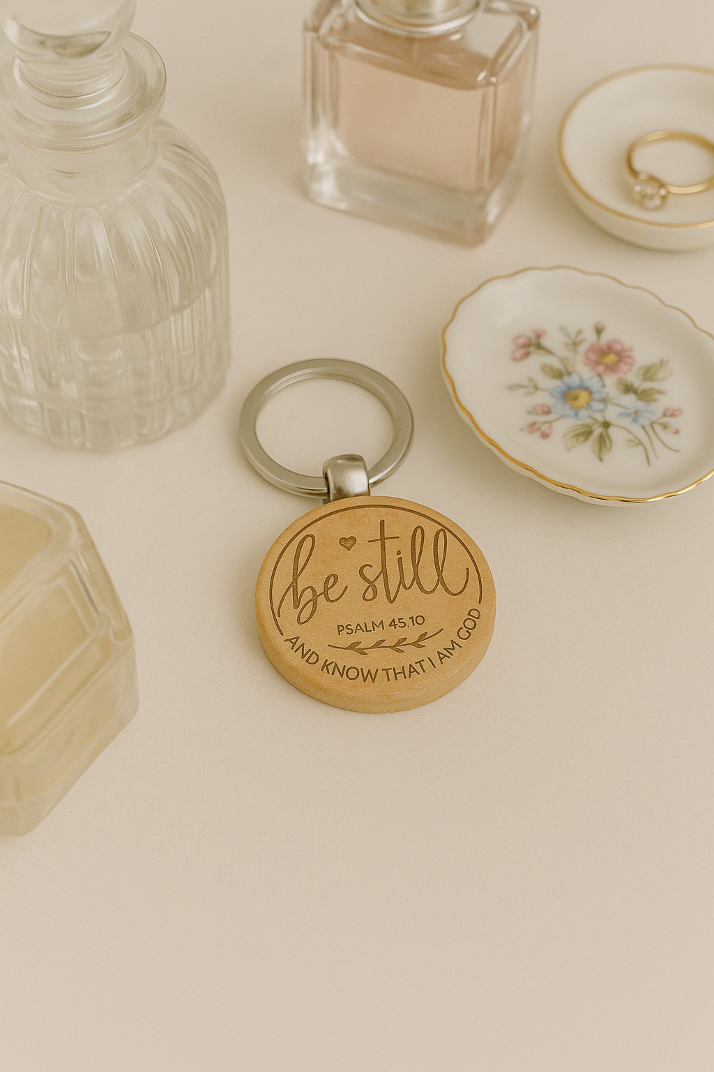 Be Still – Psalm 46:10 Engraved Wooden Keychain | Faith Reminder Gift