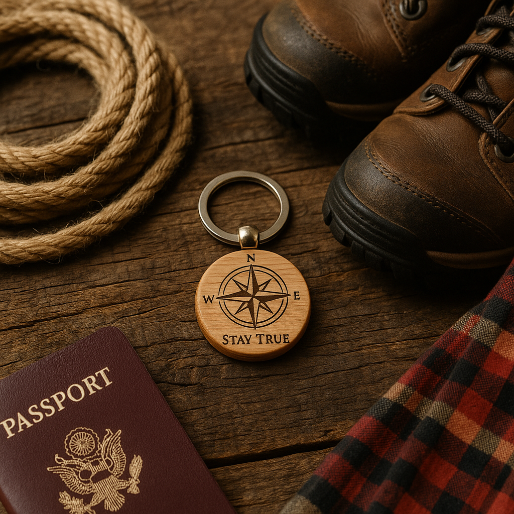 Stay True Compass Wooden Keychain – Directional Engraved Gift
