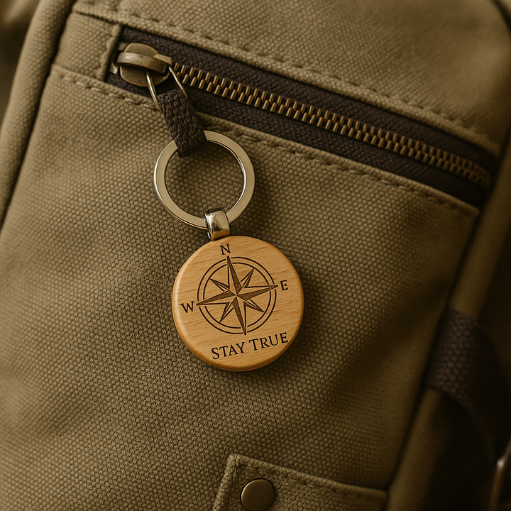 Stay True Compass Wooden Keychain – Directional Engraved Gift