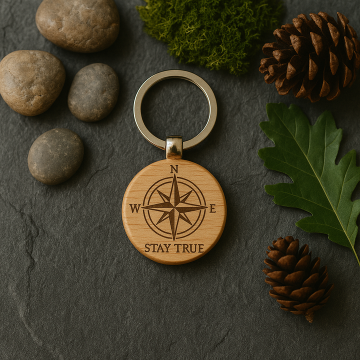 Stay True Compass Wooden Keychain – Directional Engraved Gift