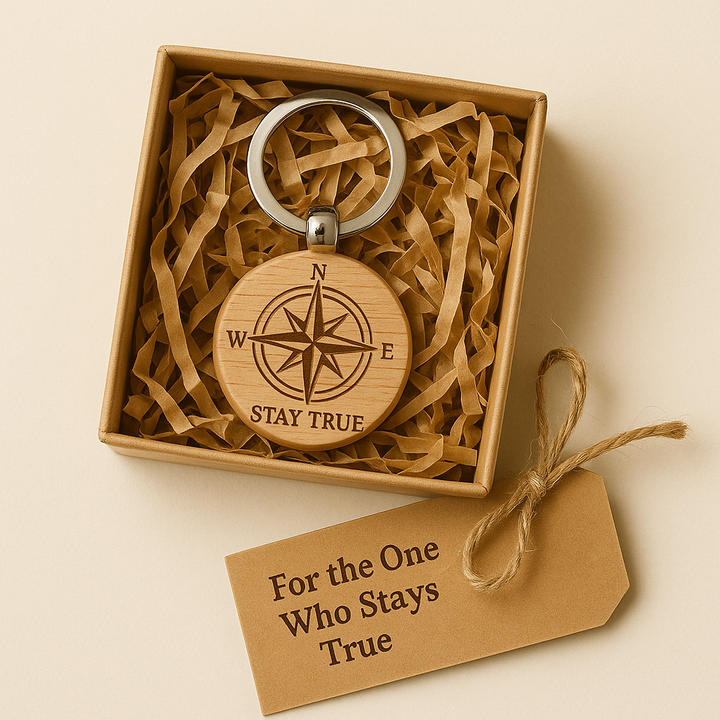 Stay True Compass Wooden Keychain – Directional Engraved Gift