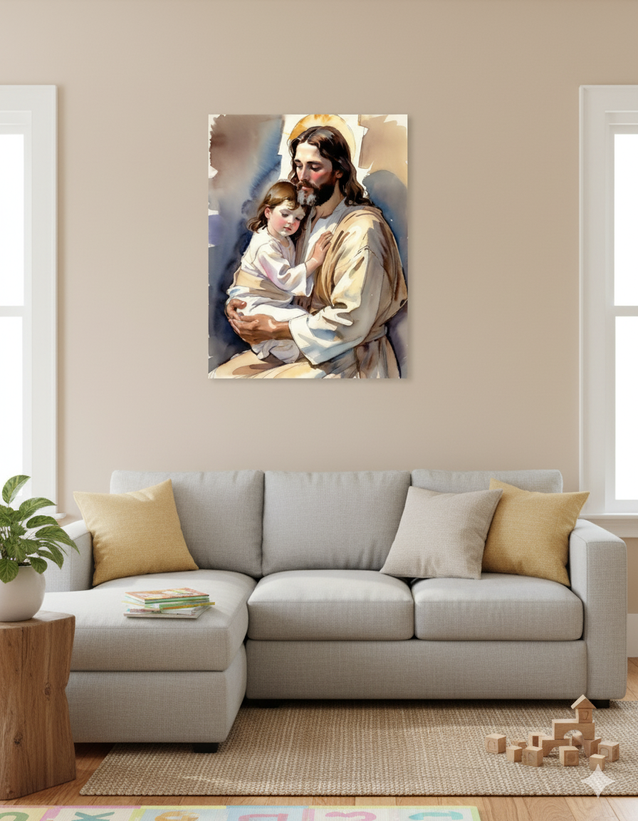 Little Ones Come to Him | Jesus and Child Matte Canvas – Christian Wall Art for Home or Nursery