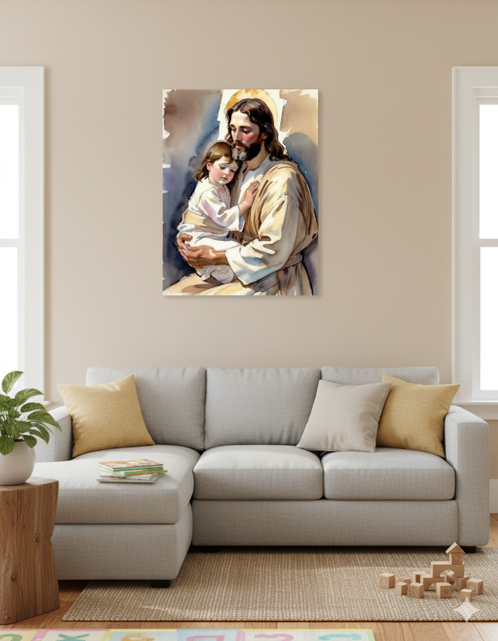 Little Ones Come to Him | Jesus and Child Matte Canvas – Christian Wall Art for Home or Nursery