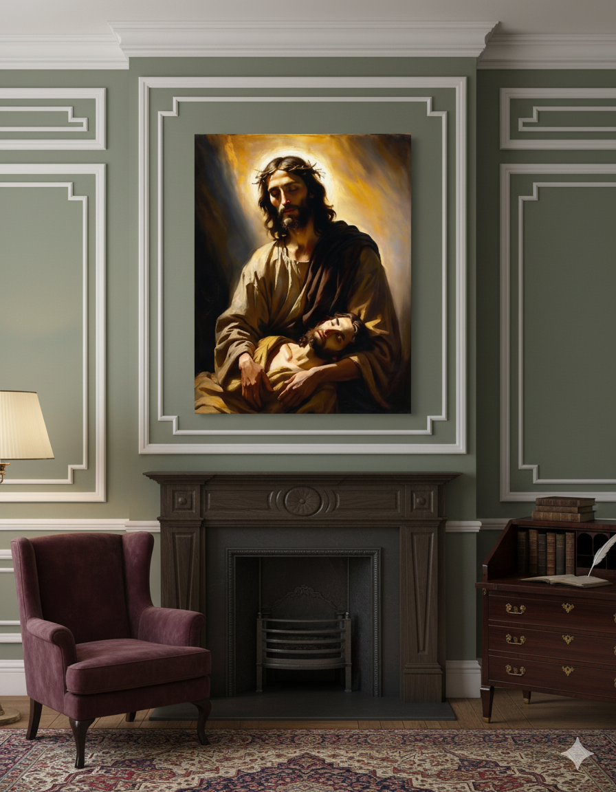 In the Arms of Christ | Peaceful Religious Art Canvas – Christian Wall Décor for Home or Church