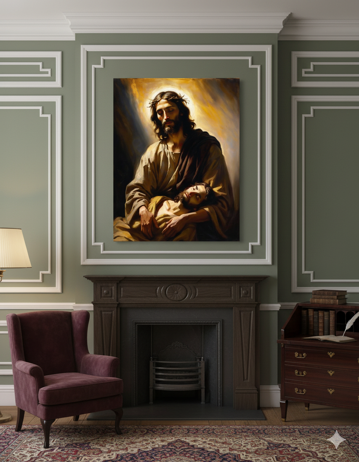 In the Arms of Christ | Peaceful Religious Art Canvas – Christian Wall Décor for Home or Church