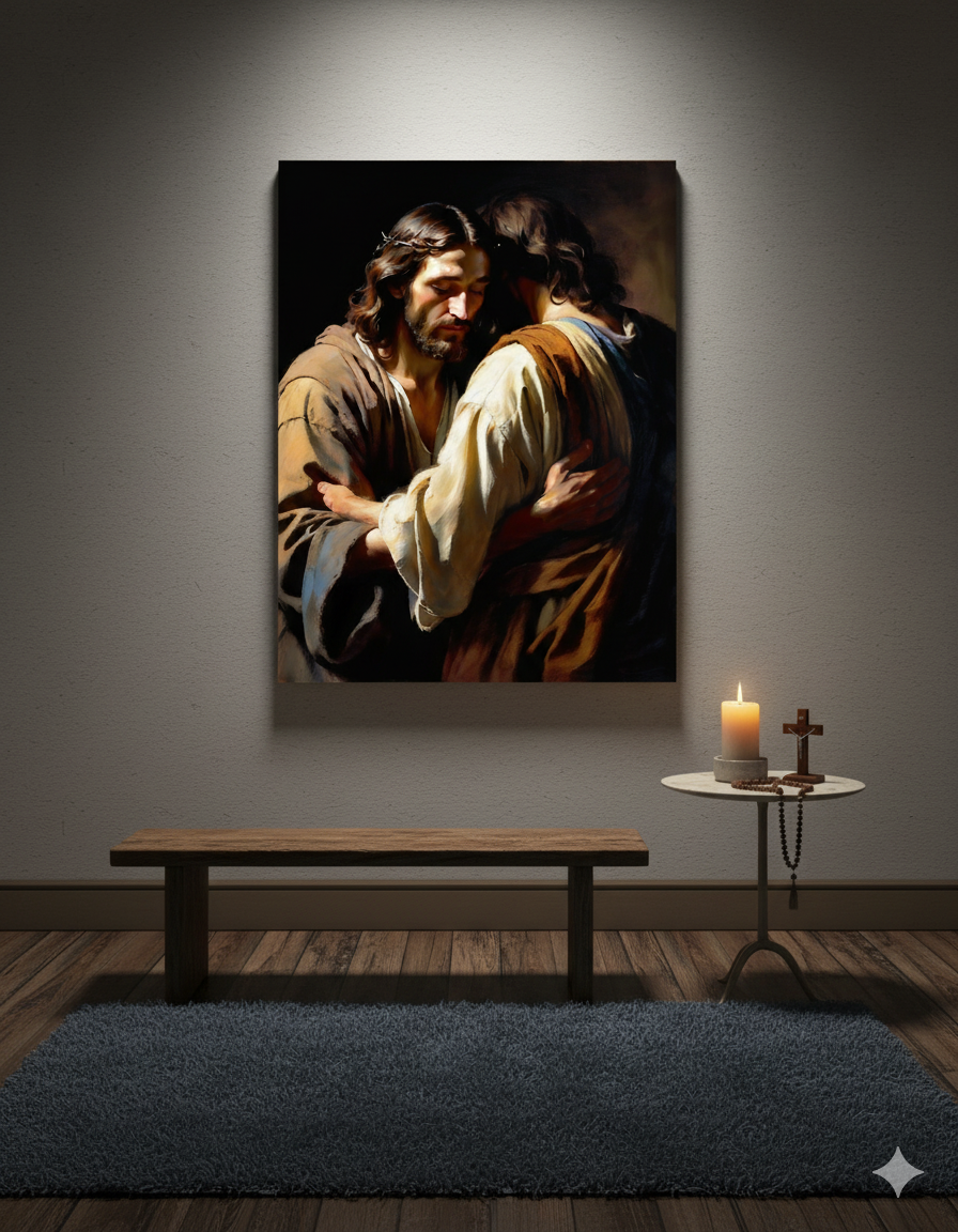The Comforting Embrace - Emotional Religious Matte Canvas Print - Spiritual Embrace Artwork