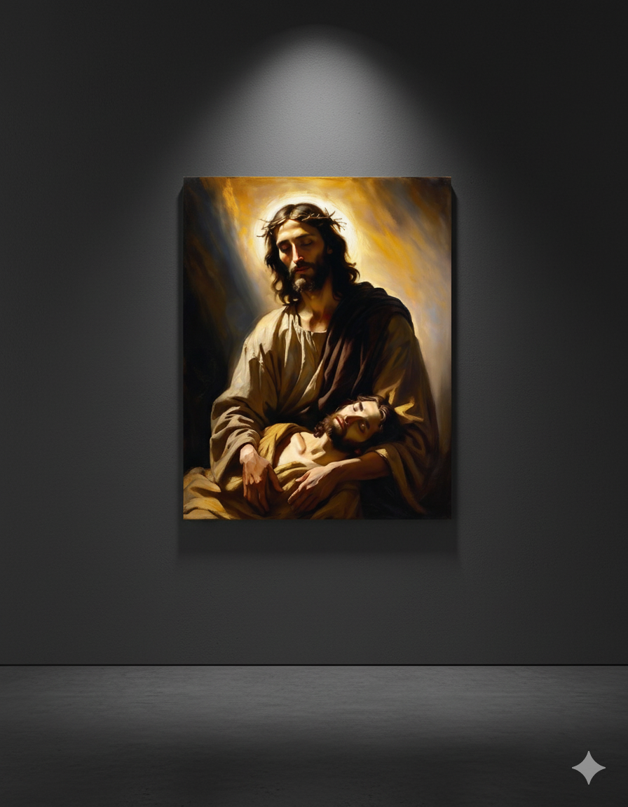 In the Arms of Christ | Peaceful Religious Art Canvas – Christian Wall Décor for Home or Church
